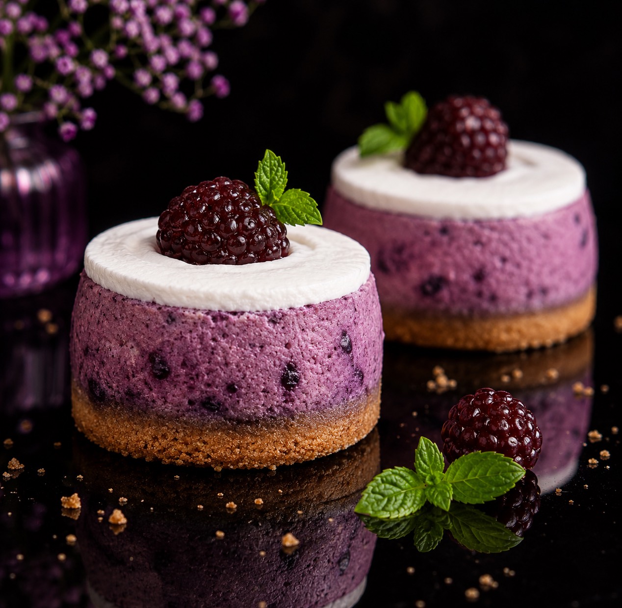Individual berry cheesecakes with berry mousse, biscuit base, cream topping, fresh blackberry, and mint
