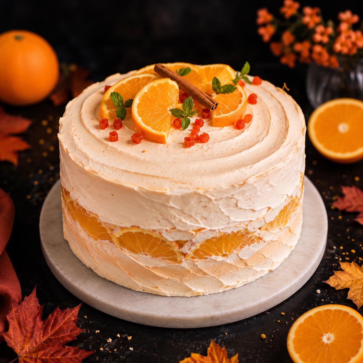 Elegant orange cake layered with vanilla cake, diplomat cream, fresh orange, cinnamon, mint, and autumn details