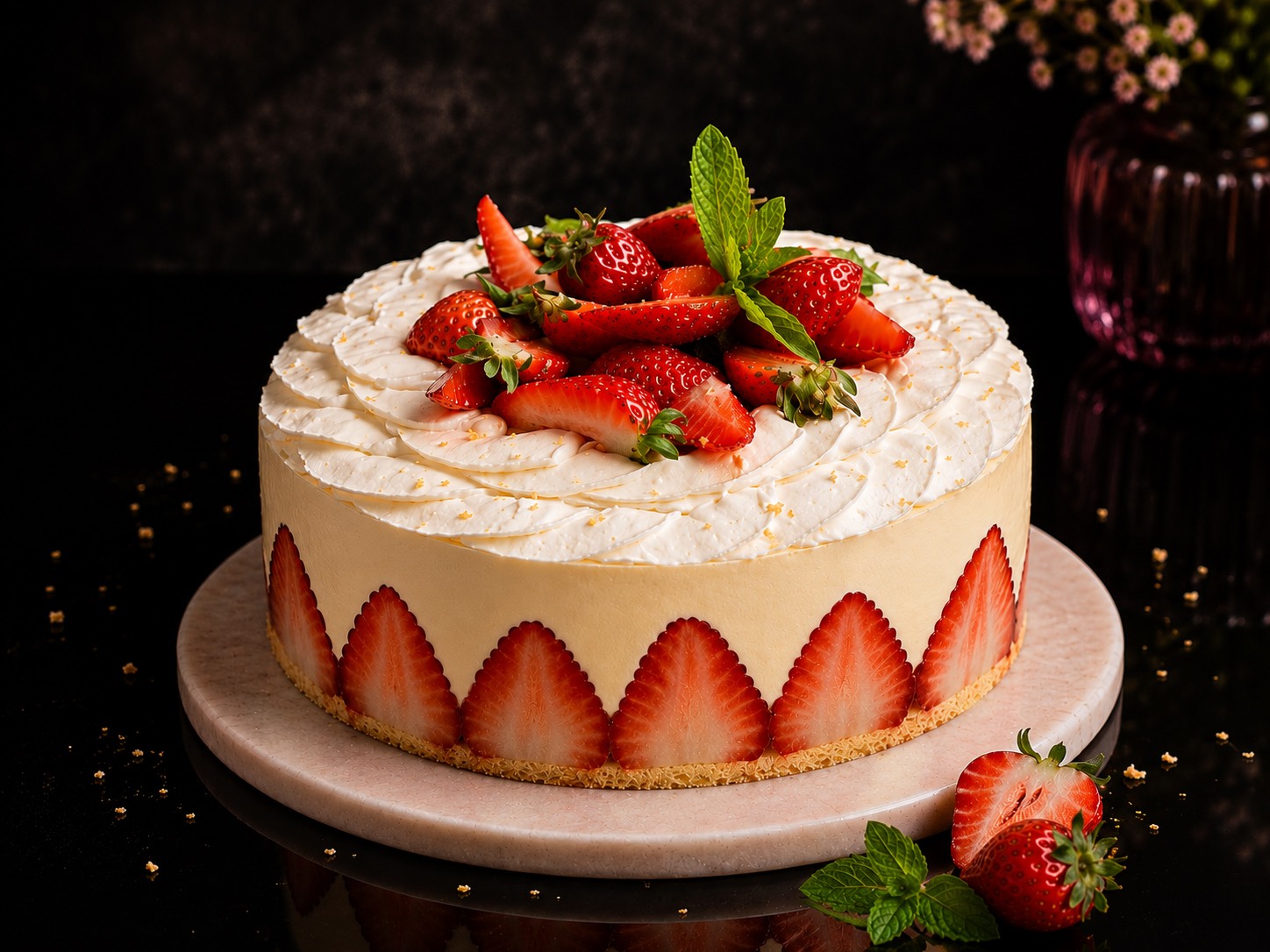 A strawberry fraisier cake by Shadi’s Sweet Art with fresh strawberries, cream, and mint