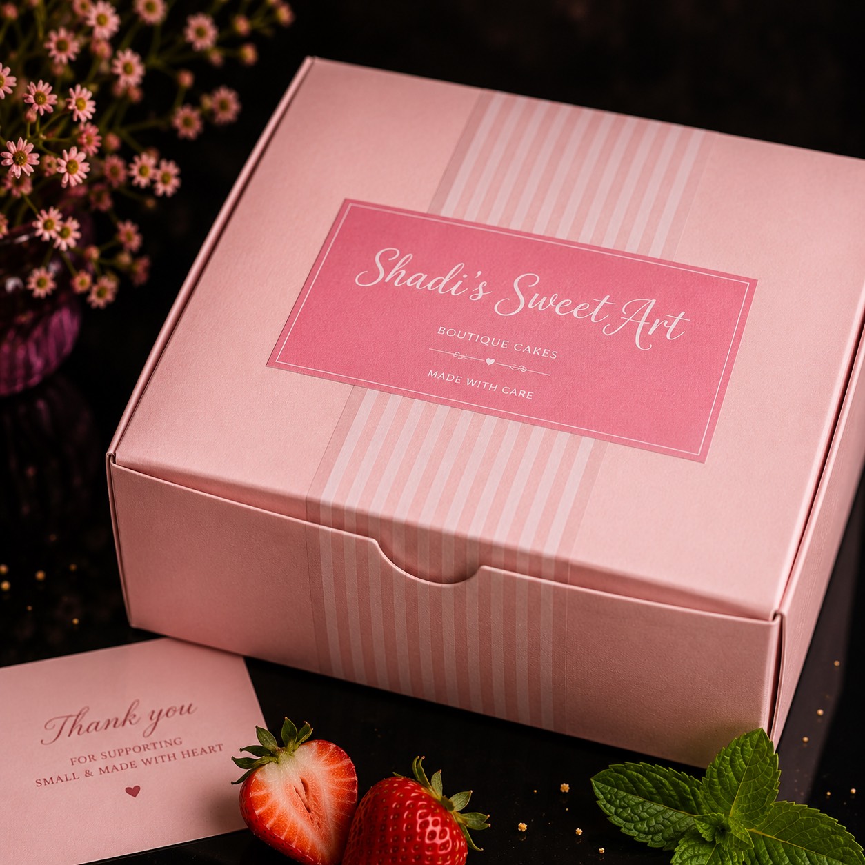 Pink Shadi’s Sweet Art bakery box with boutique cake label, thank you card, strawberries, and mint