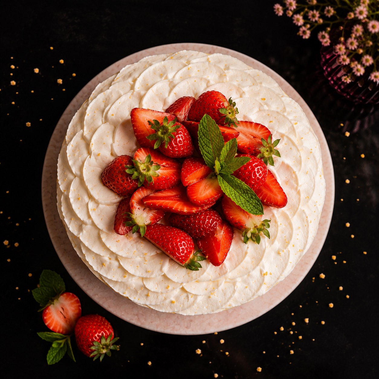 Top view of a strawberry fraisier cake with fresh strawberries and cream by Shadi’s Sweet Art