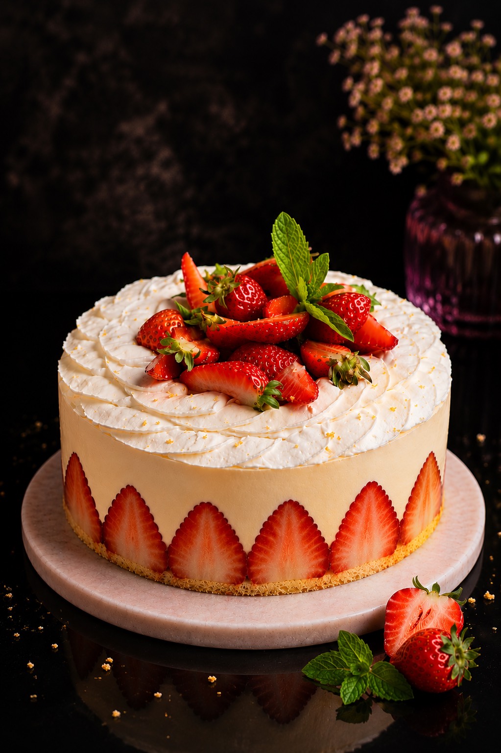 Strawberry fraisier cake in Calgary by Shadi’s Sweet Art with cream, fresh strawberries, and mint